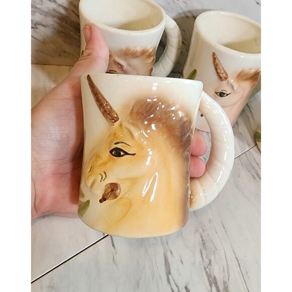 Vintage Hand-Painted Unicorn Mugs Set of 4 3D Horn Handles 70s/80s Fantasy Art - Picture 1 of 16